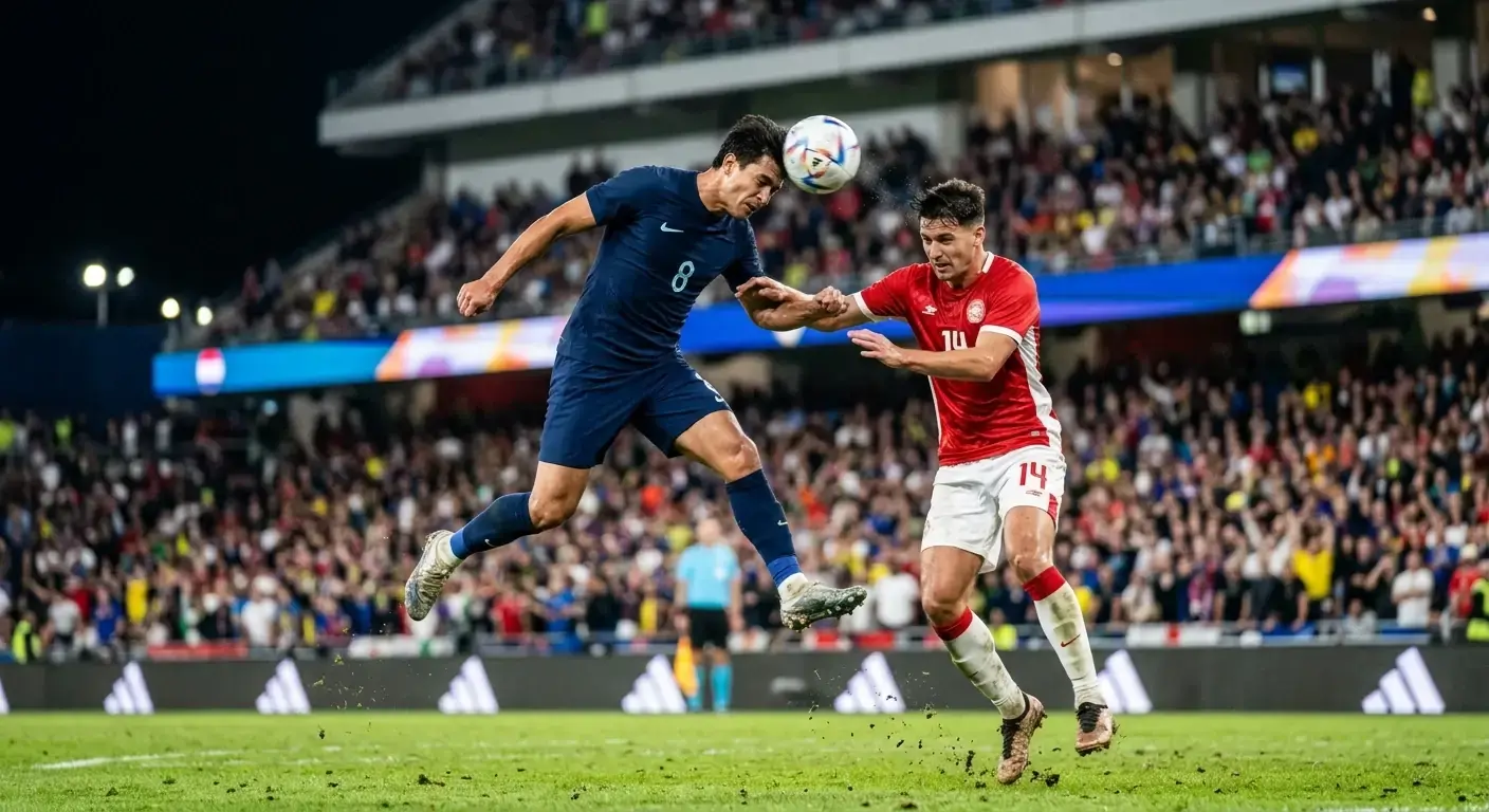 Joueurs de football en action lors d'une demi-finale de Coupe du Monde sous les projecteurs