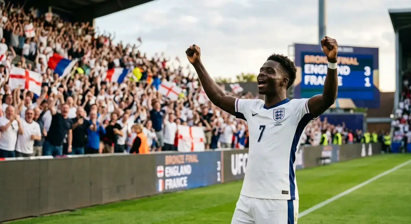 Bukayo Saka célèbre son triplé lors de la petite finale de la Coupe du Monde 2026 contre la France