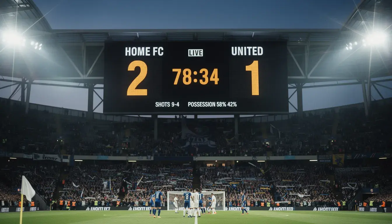 Tableau d'affichage électronique dans un stade de football montrant les scores et les statistiques d'un match international