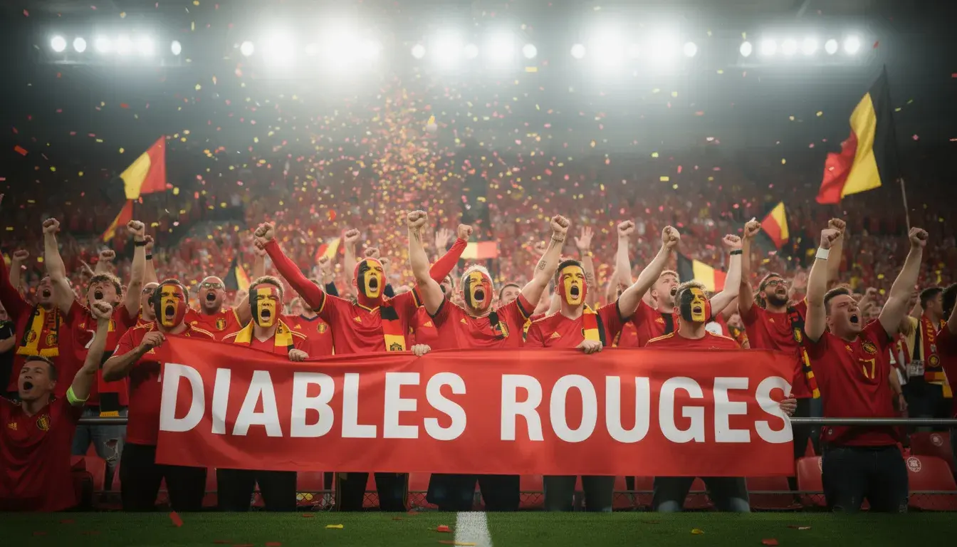 Supporters belges en maillots rouges encourageant leur équipe nationale dans les tribunes d'un stade de football