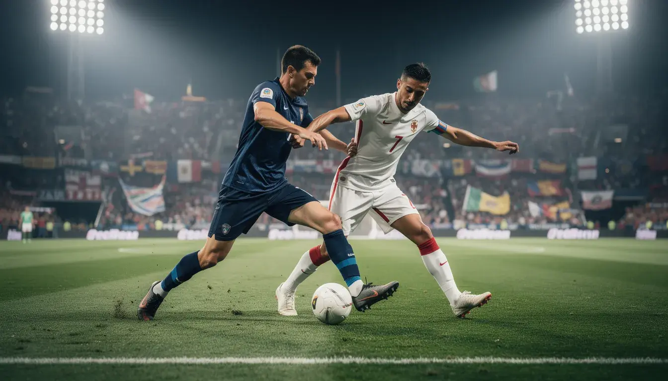Joueurs de football en maillots nationaux lors d'un match international sous les projecteurs d'un grand stade