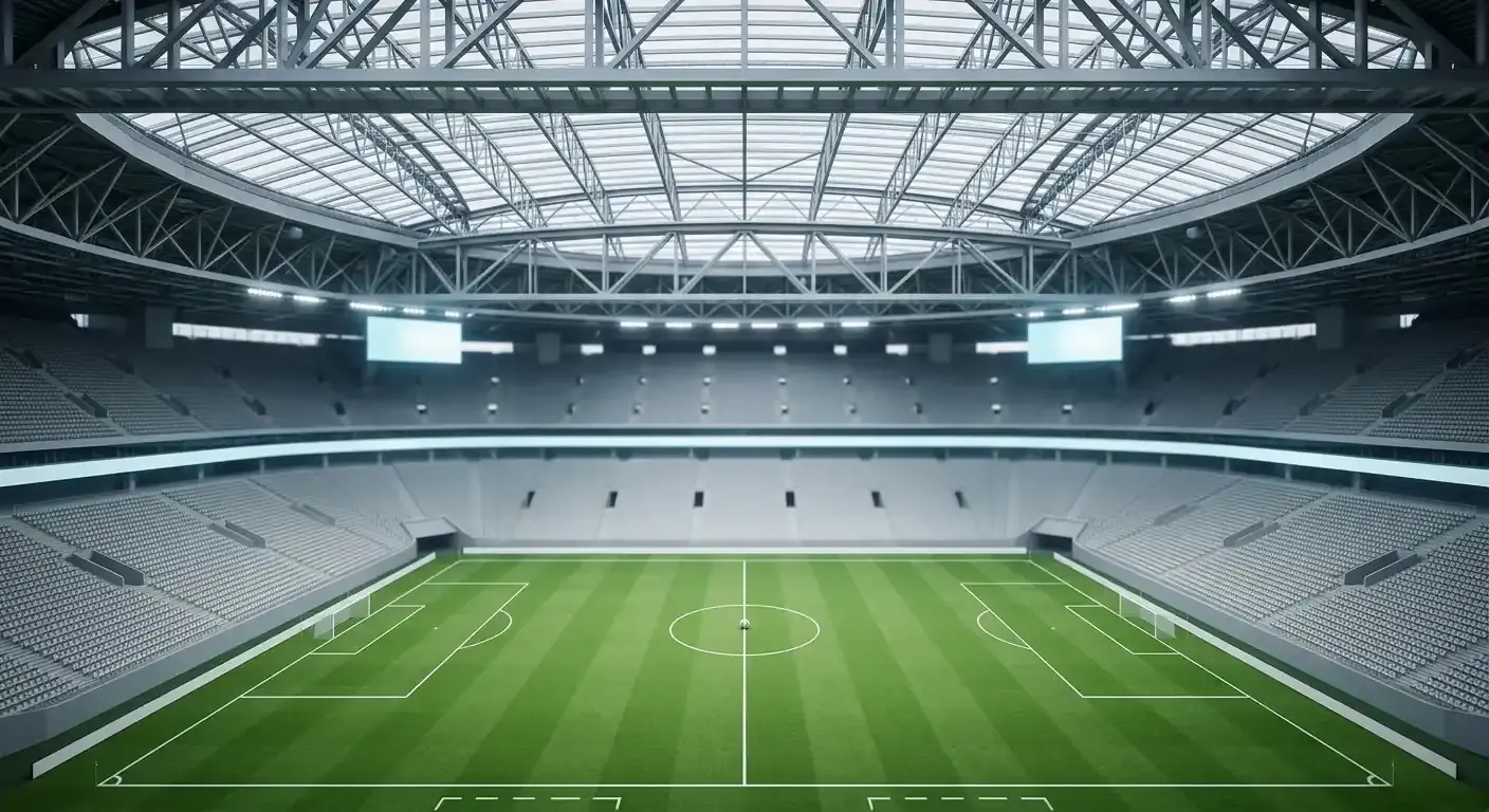 Pelouse d'un grand stade moderne éclairé avant un quart de finale de Coupe du Monde