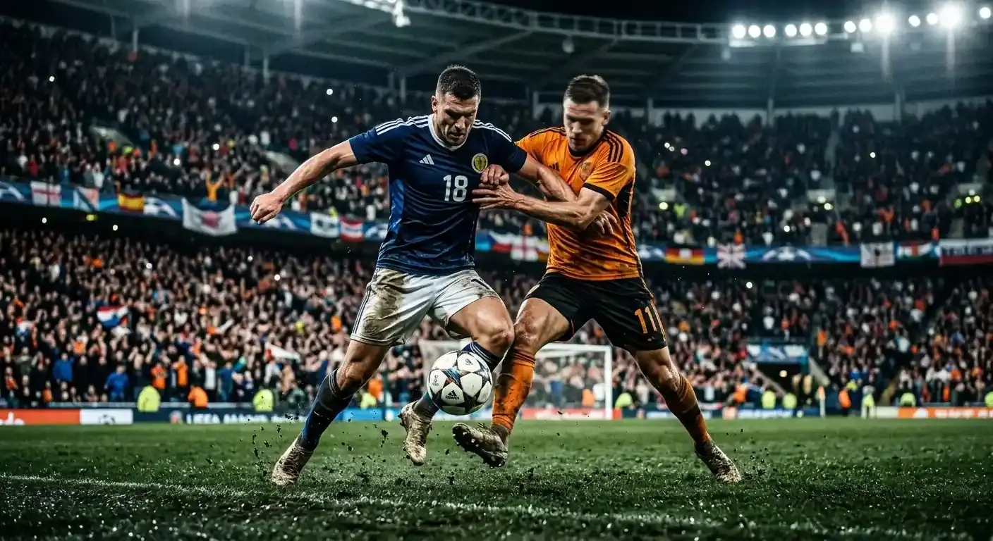 Joueurs de football se disputant le ballon lors d'un quart de finale de Coupe du Monde