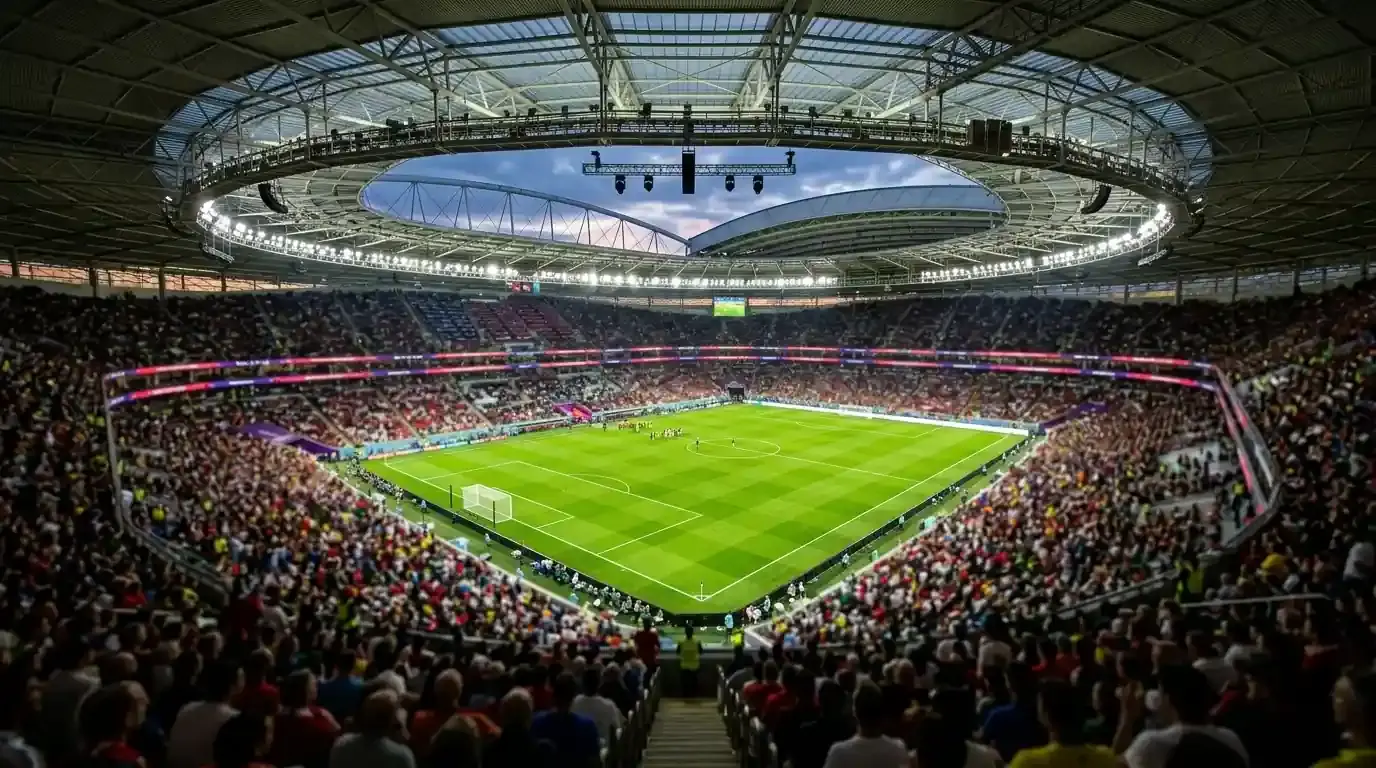 Pelouse d'un grand stade couvert illuminé avant une demi-finale de Coupe du Monde