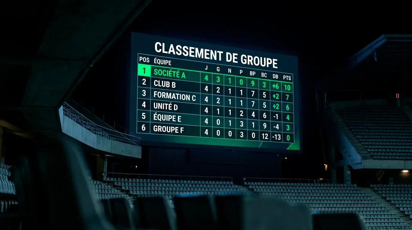 Tableau de classement d'un groupe de Coupe du Monde affiché sur un écran de stade