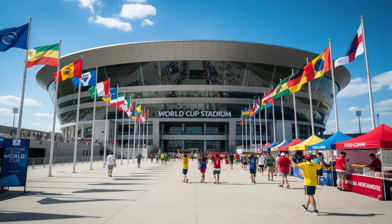Drapeaux de différentes nations flottant devant l'entrée d'un stade de football lors d'une compétition internationale
