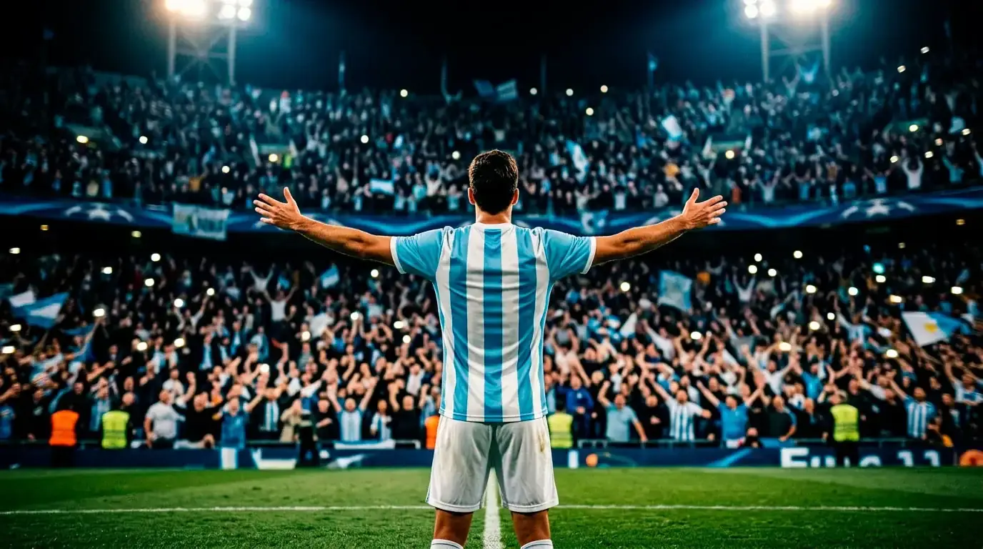 Un joueur de football célèbre seul devant une tribune comble sous les projecteurs