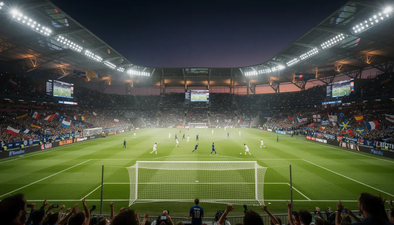 Vue panoramique d'un stade de football moderne rempli de spectateurs lors d'un match de la Coupe du Monde 2026