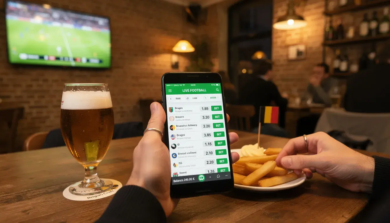 Supporter de football consultant une application de paris sportifs sur son smartphone dans un café belge décoré aux couleurs nationales