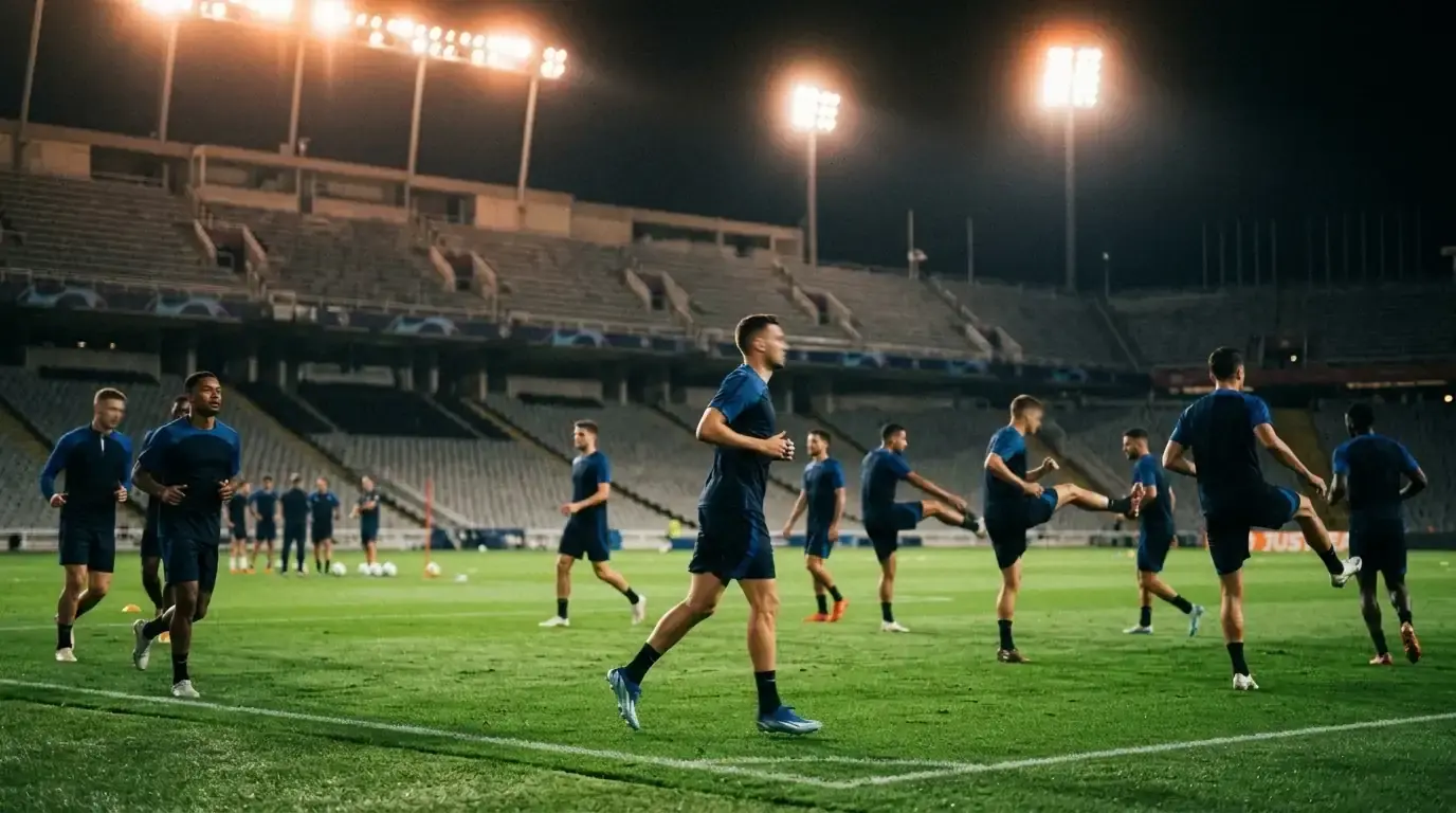 Joueurs de football à l'entraînement sous les projecteurs d'un stade de Coupe du Monde