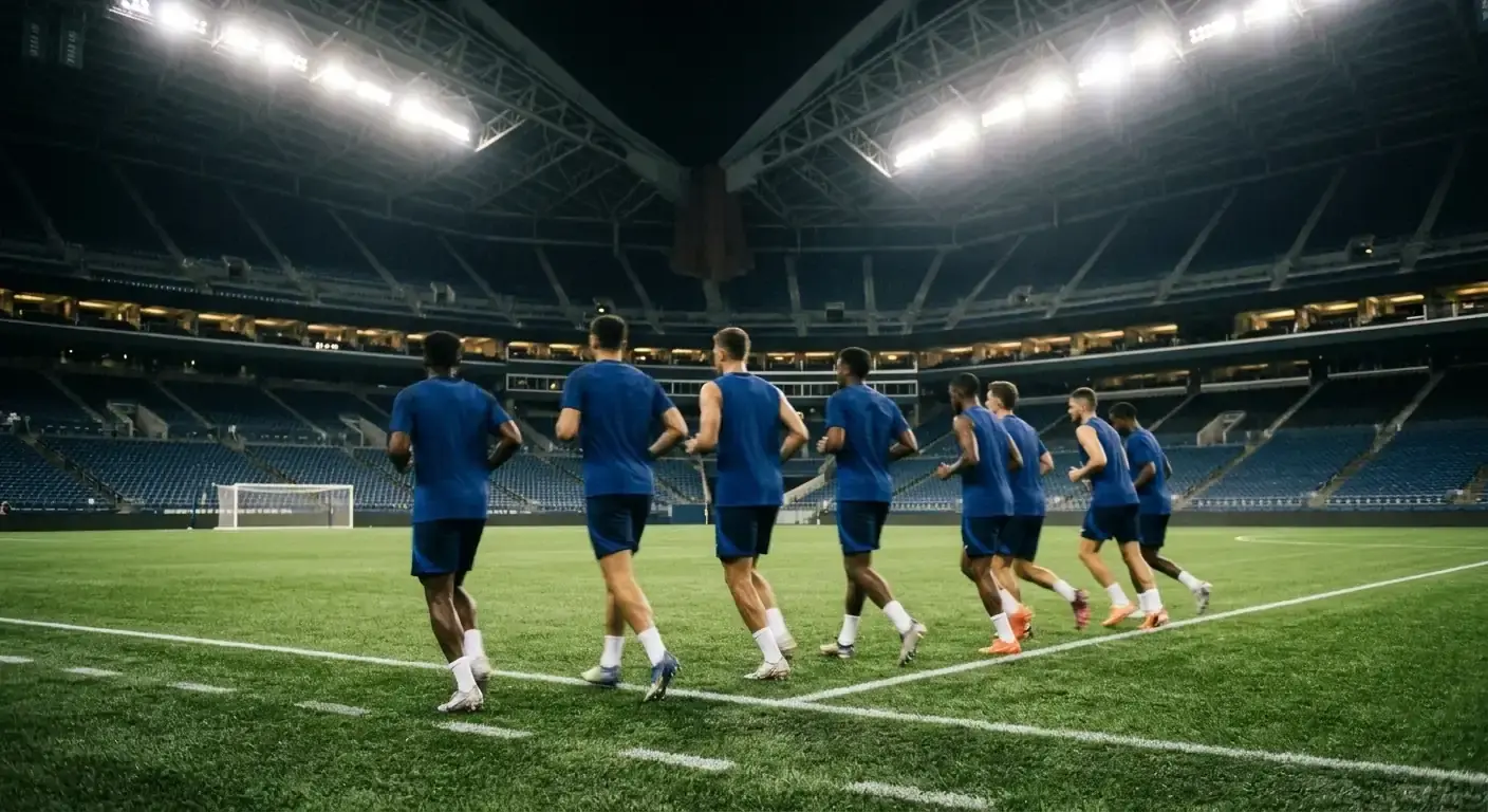 Joueurs de football à l'entraînement sous les projecteurs d'un stade de Coupe du Monde