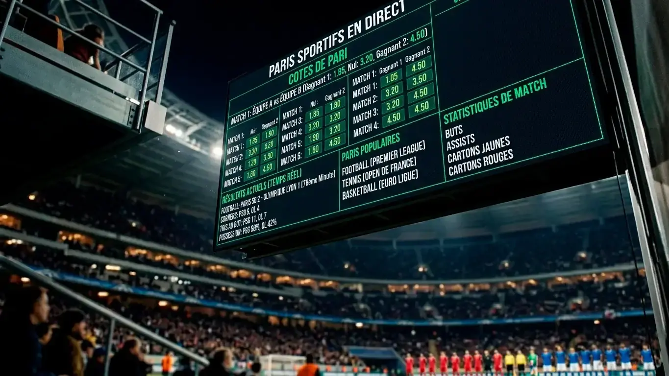 Tableau d'affichage lumineux d'un stade montrant des cotes et statistiques en chiffres LED