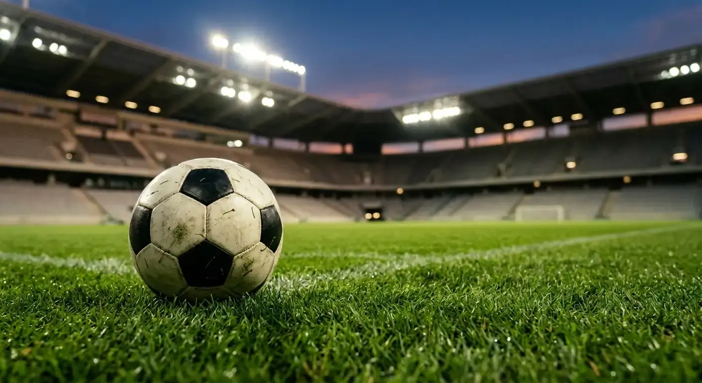 Ballon de football posé sur la pelouse d'un stade illuminé avant un match en soirée