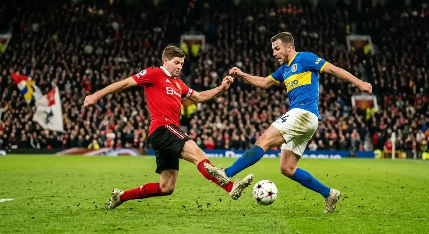 Joueurs de football se disputant le ballon lors d'un duel intense sur un terrain de Coupe du Monde