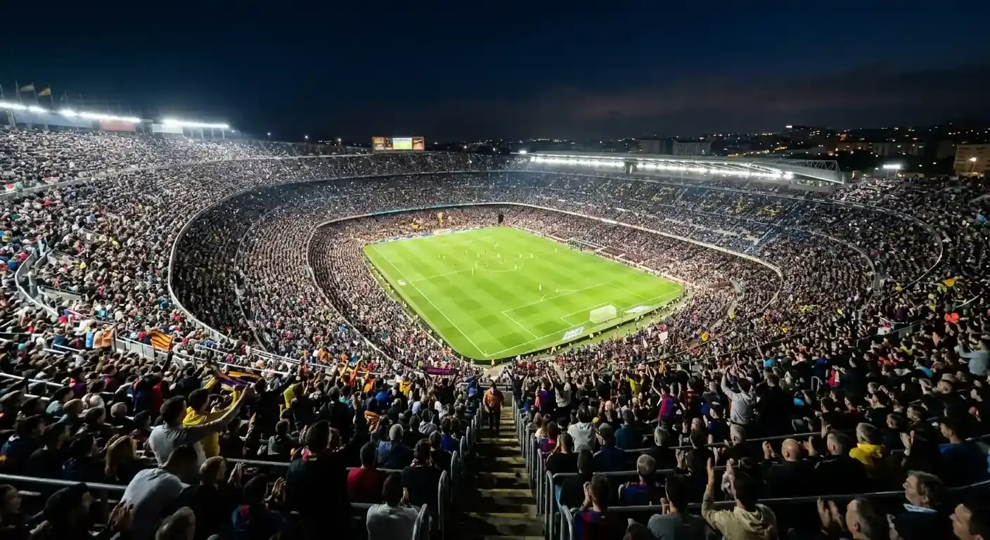 Vue nocturne d'un stade comble sous les lumières avant un huitième de finale de Coupe du Monde