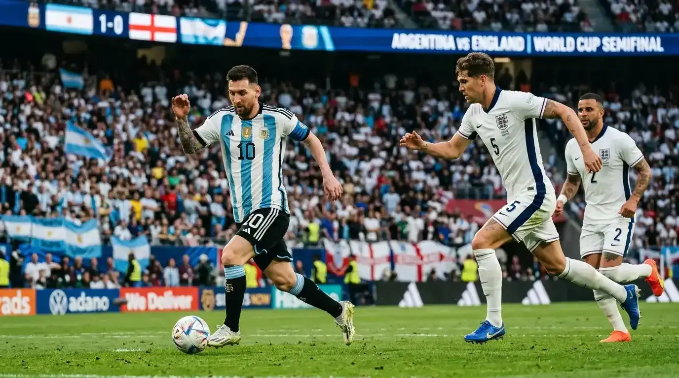 Lionel Messi en action lors de la demi-finale contre l'Angleterre, dirigeant le jeu argentin vers la finale