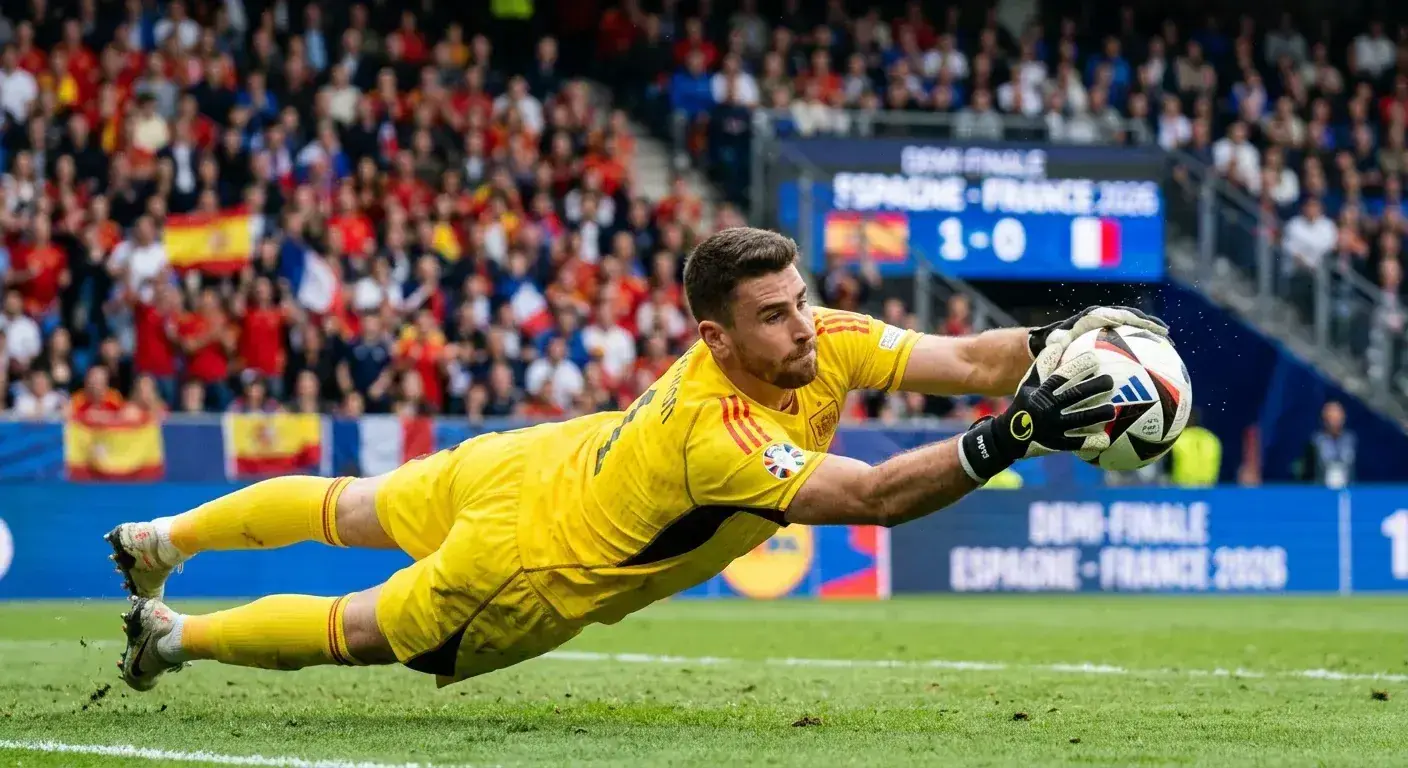Unai Simón, gardien de l'Espagne, capte un ballon lors de la demi-finale contre la France, prolongeant sa série record de clean sheets